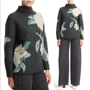 Vince Alpaca Wool Floral Tapestry Long Sleeve High Neck Boxy Pullover Sweater